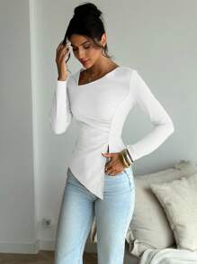 Firerie Casual Elegant Solid Color Long Sleeve Fitted T-Shirt Top With Waist Drawcord & Ribbed Asymmetrical Hem, Suitable For Everyday, Dating And Going Out, Autumn/Winter - White - View 5