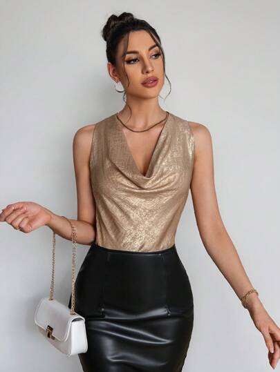 Firerie 女士金色垂坠领性感优雅无袖上衣