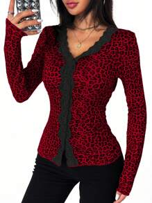 Chiquease Leopard Print Spliced Flounced Fitted Long Sleeve T-Shirt - Red - View 7