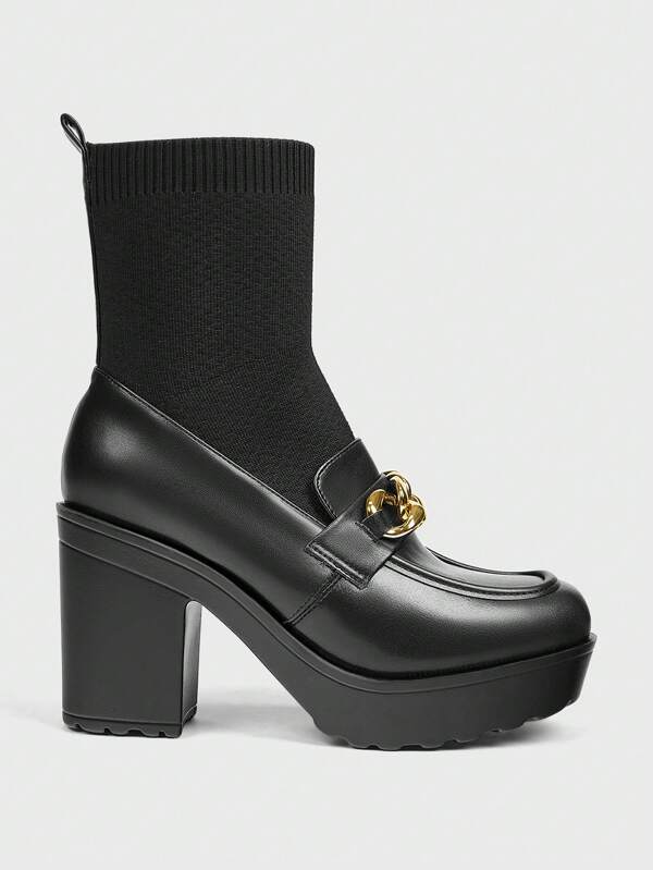 Sugerpunk Botas de tacón alto hasta el tobillo versátiles negras con decoración metálica para Navidad y Año Nuevo, ambiente otoñal e invernal