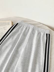 SHEIN Tween Girl Casual Straight Leg Sweatpants With Side Rib Panels & Bow Accent - Grey - View 6