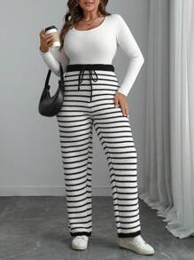 Franclia Plus Size Knitted High Waist Striped Colorblock Casual Commuter Women Sweater Pants