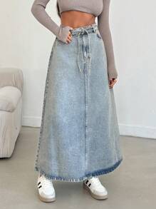 SHEIN Cottnline Low Waist Tinted Front Slit Denim Skirt - Medium Wash - View 5