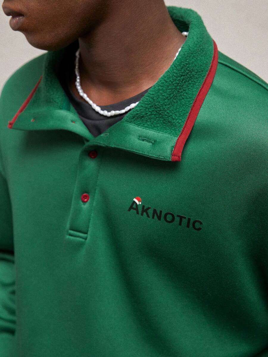 AKNOTIC Party Áo nỉ nam màu xanh lá cây dành cho Giáng sinh, chất liệu dệt kim giữ nhiệt, kiểu dáng rộng rãi, vai rớt, cổ đứng, cài nút, in chữ, tay dài, thích hợp cho mùa thu/đông, năm mới, Giáng sinh. - màu xanh lá - Xem 1