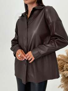 SHEIN Privé Áo khoác nữ dáng suông màu đỏ tía bằng da giả, kiểu dáng thanh lịch, dễ phối đồ, màu sắc tươi tắn. - màu nâu - Xem 8