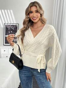 SHEIN LUNE V-Neck Cinched Waist Design Slim Fit Pullover Sweater For Women