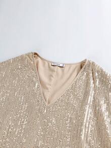Plus Size Women's Sequin V-Neck Loose Blouse, Party Top - Gold - View 7