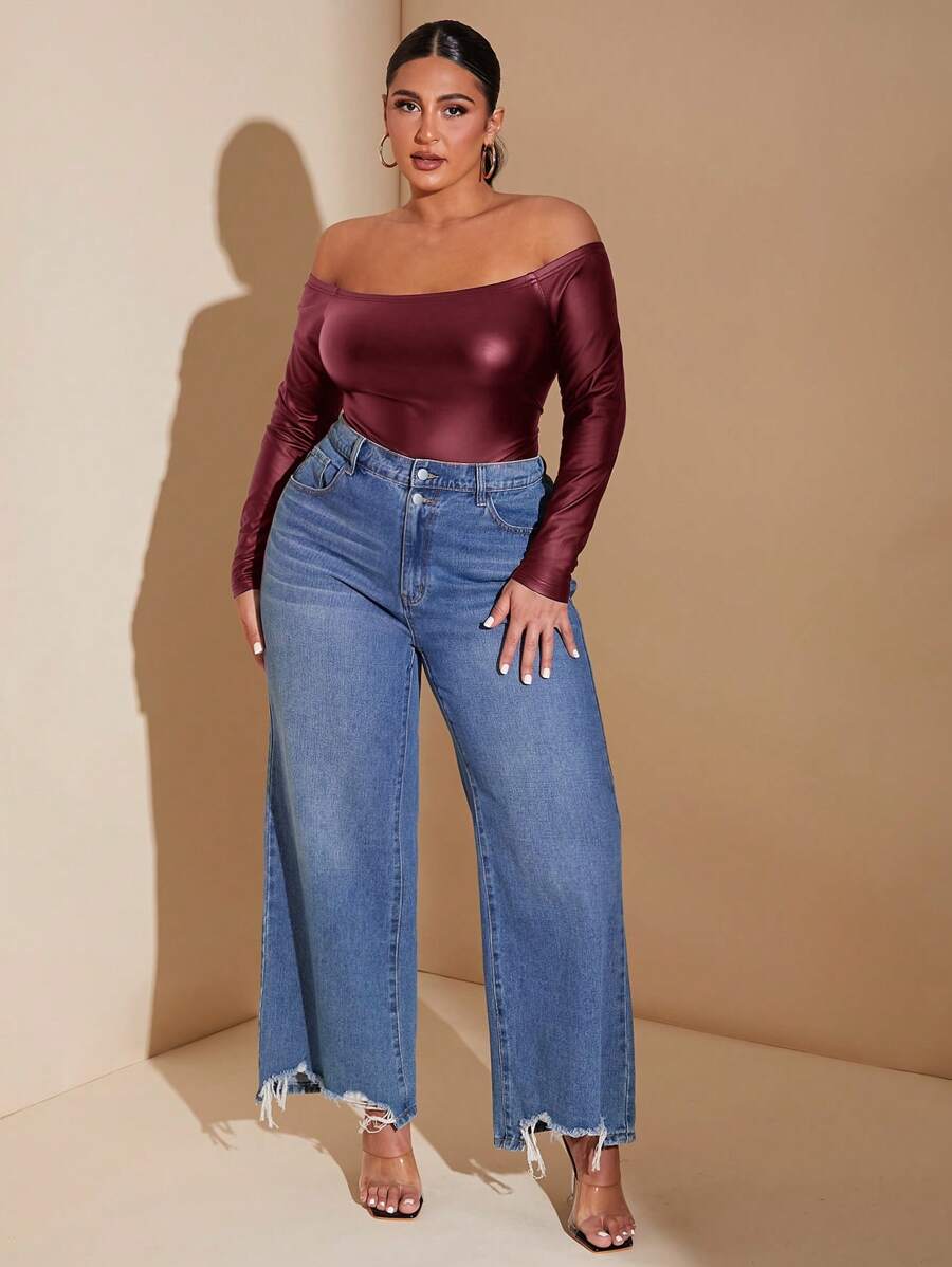 SHEIN BAE 大码女式优雅性感露肩紧身衣，舒适 PU 皮革长袖，适合约会、万圣节派对、夜店穿着，百搭 - 酒紅色 - 查看 1