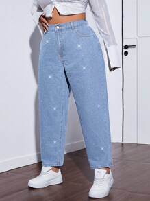 SHEIN EZwear Plus Size Women Pockets Sequin Rhinestone Cone-Shaped Casual Versatile Jeans