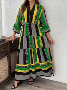 SHEIN LUNE Plus Size Women V-Neck 3/4 Sleeve Dot & Striped Print Casual Long Loose Dress