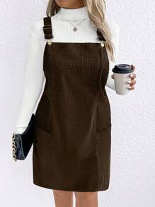 SHEIN LUNE Plus Size Effen Kleur Mouwloze Corduroy Jurk Met Zakken, Dikke Schouderbanden, Geschikt Voor Herfst/Winter