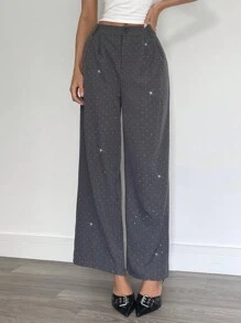 SHEIN Essnce 秋冬女士灰色水钻派对长裤，闪亮水钻套装，阔腿裤，垂坠长裤，休闲正装，节日装，高腰女裤，适合日常通勤 - 灰色 - 查看 3