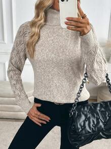 Women Thick Knitted High Neck Pullover Sweater, Loose Fit, Korean Style, Solid Color, Autumn/Winter Fall - Khaki - View 3