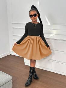 Tween-Mädchen Lässiges A-Linien-Kleid mit Farbblock-Patchwork und Rundhalsausschnitt und langen Ärmeln