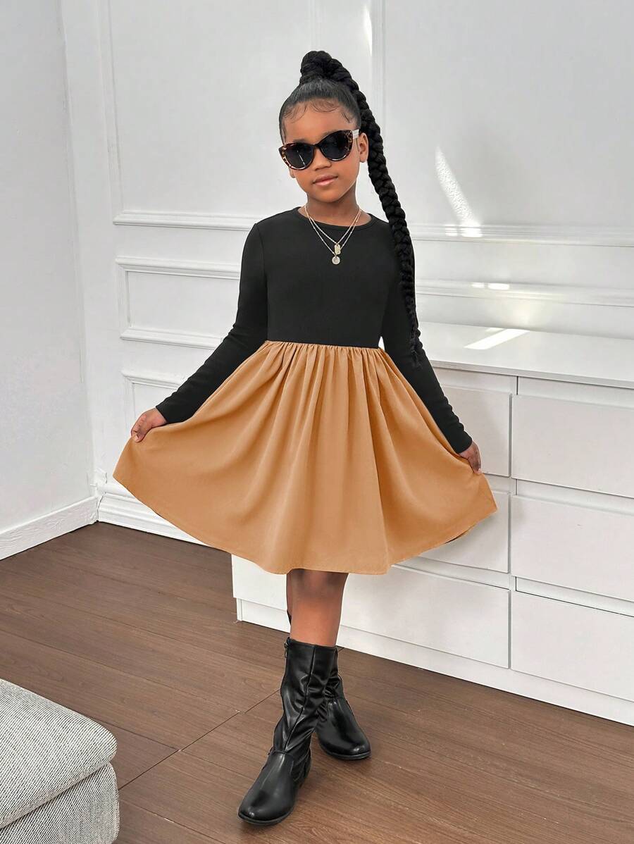 Tween-Mädchen Lässiges A-Linien-Kleid mit Farbblock-Patchwork und Rundhalsausschnitt und langen Ärmeln