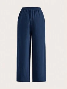 SHEIN EZwear Pantalones anchos con cintura con cordón - Azul Marino - Ver 2
