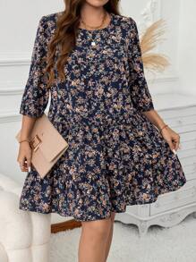 SHEIN LUNE Vestido midi de talla grande con estampado floral menudo, vestido corto casual con mangas de obispo, atuendo de Acción de Gracias y Año Nuevo para mujeres