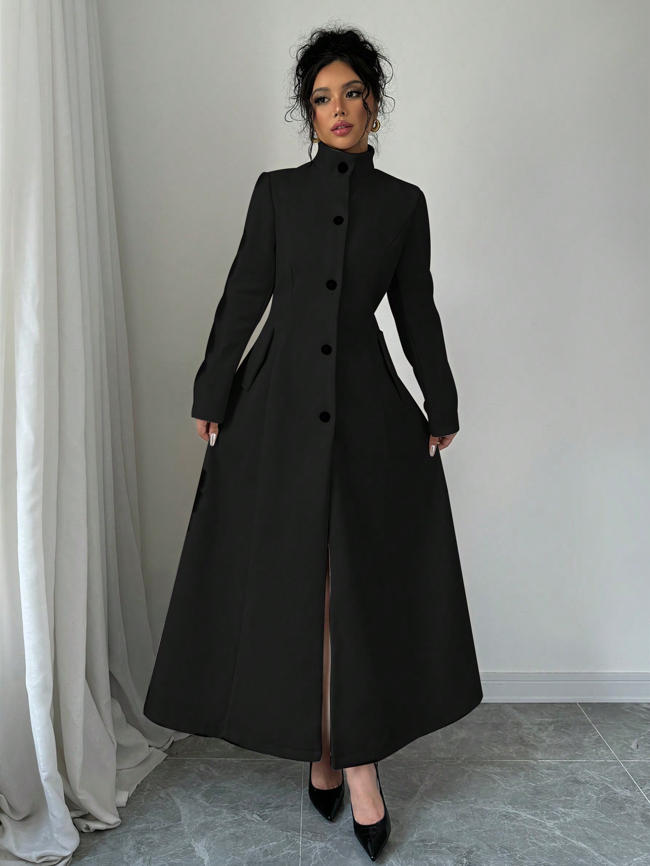 Elenzga معطف طويل أنيق بأكمام طويلة بياقة عالية وأ...