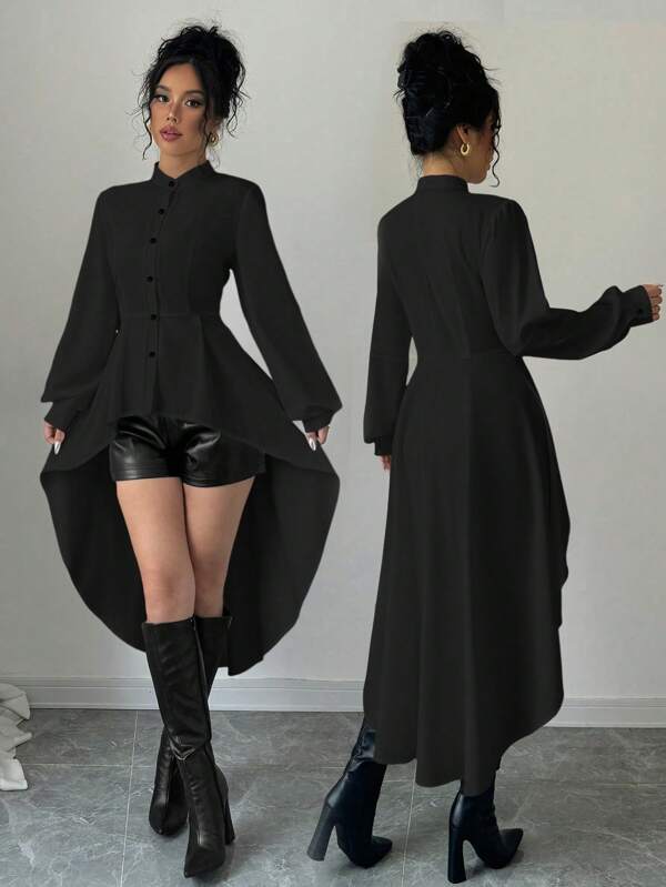 Elenzga High Low Stand Collar Open Front A-Line Ruffle Puff Sleeve Long Shirt Dress Fall Cloth For Women