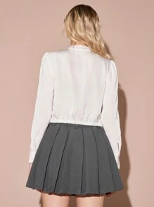 Enchnt 1 件女式纯色领长袖前扣简约衬衫，休闲日常穿着 - 白色 - 查看 11