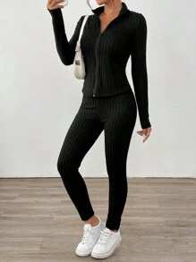 SHEIN LUNE 2 件套女式紧身长袖夹克 + 紧身裤，拉绒面料罗纹针织纯灰色，秋冬 - 灰色 - 查看 4