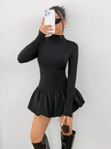 SHEIN PETITE Váy xòe tay dài ôm cổ cao cho nữ Váy xòe đèn lồng phù hợp cho mùa thu đông - màu đen - Xem 2