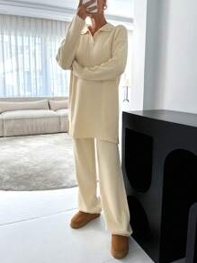 RueChic 高领罗纹图案套头衫裤针织套装