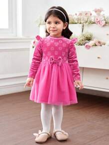 SHEIN Váy dài tay bằng vải nhung và lưới họa tiết hoạt hình màu hồng dễ thương cho bé gái, thích hợp cho tiệc tùng và các dịp khác, mùa thu/đông - Hồng - Xem 5