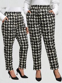 EMERY ROSE Plus Size Winter Women's Casual Commuter Houndstooth Print Tapered Pants,Elegant For Women