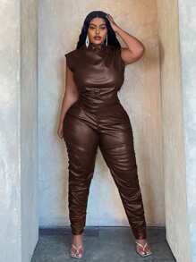 Slaydiva Plus Size Asymmetric Hem Ruched High Neck Sleeveless Top And Skinny PU Pants 2 Pieces Set, Brown Color, Autumn/Winter - Brown - View 6