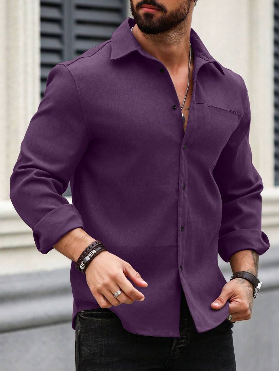 Manfinity Homme Men's Casual Solid Color Long Sleeve Shirt, Autumn - Violet Purple - View 1