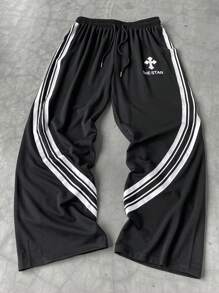 Manfinity EMRG Pantalones de chándal casuales para hombre con unicolor, parches, cordón delantero y estampado gráfico de letras, para ir de vuelta a la escuela, ideal como regalo para el esposo o novio