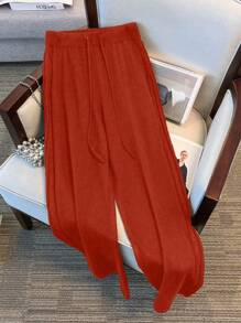 SHEIN LUNE Plus Size Women Solid Color Drawstring Waist Wide Leg Loose Knitted Pants For New Year Clothes