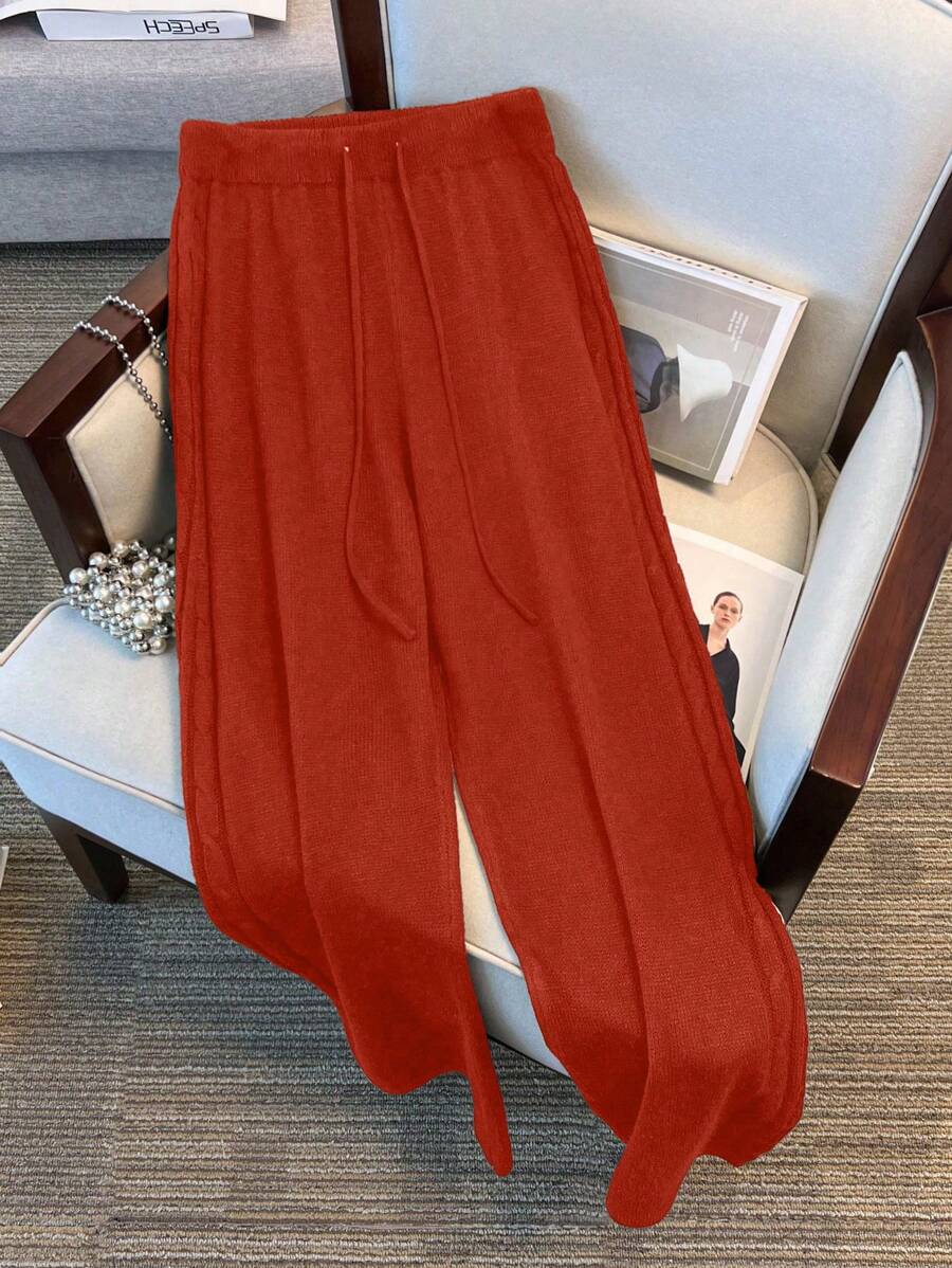SHEIN LUNE Plus Size Women Solid Color Drawstring Waist Wide Leg Loose Knitted Pants For New Year Clothes