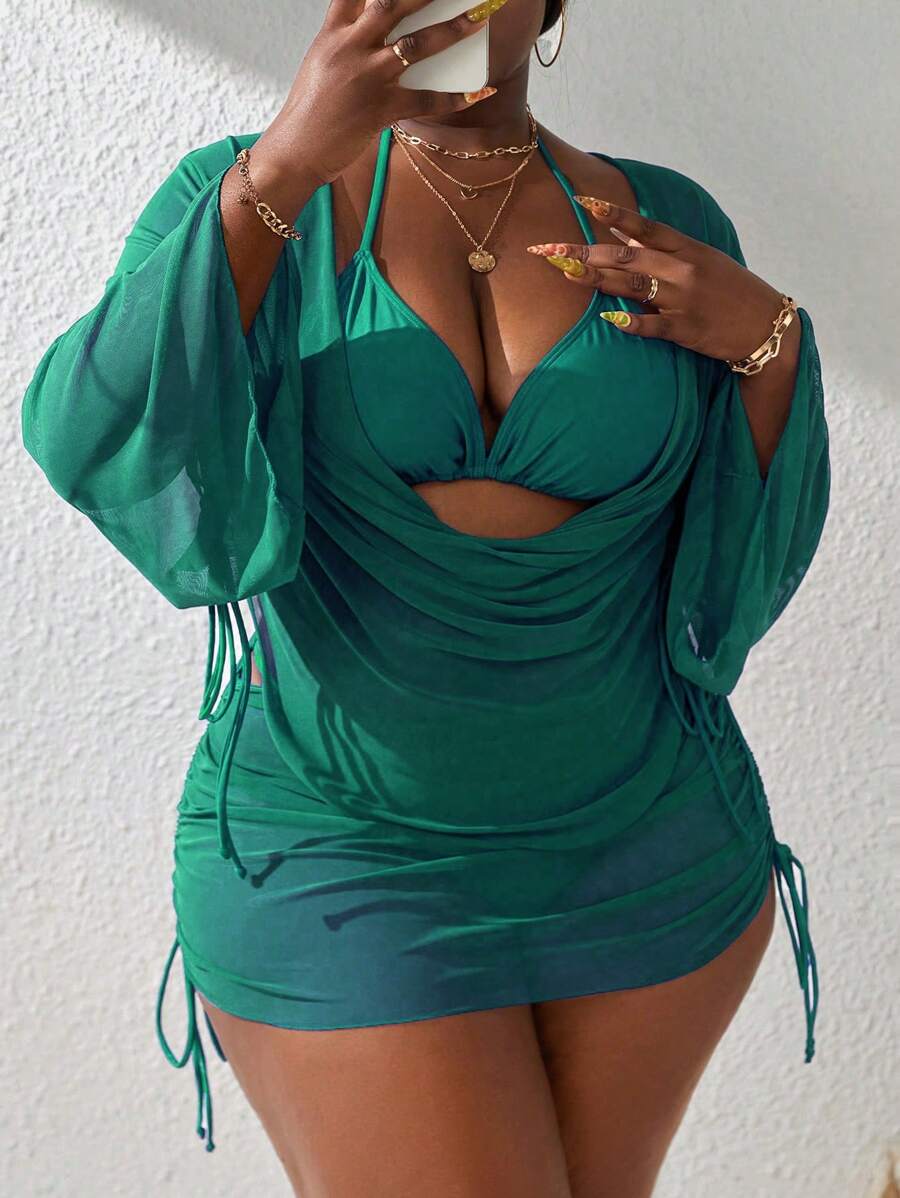 Slaydiva Plus Size 4pcs Women Holiday Solid Color Halter Tied Sexy Bikini Set With Cover Up Top And Mini Skirt Summer - Green - View 1