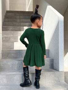 SHEIN 年轻女孩休闲纯色圆领纽扣装饰长袖针织连衣裙 - 綠色 - 查看 4