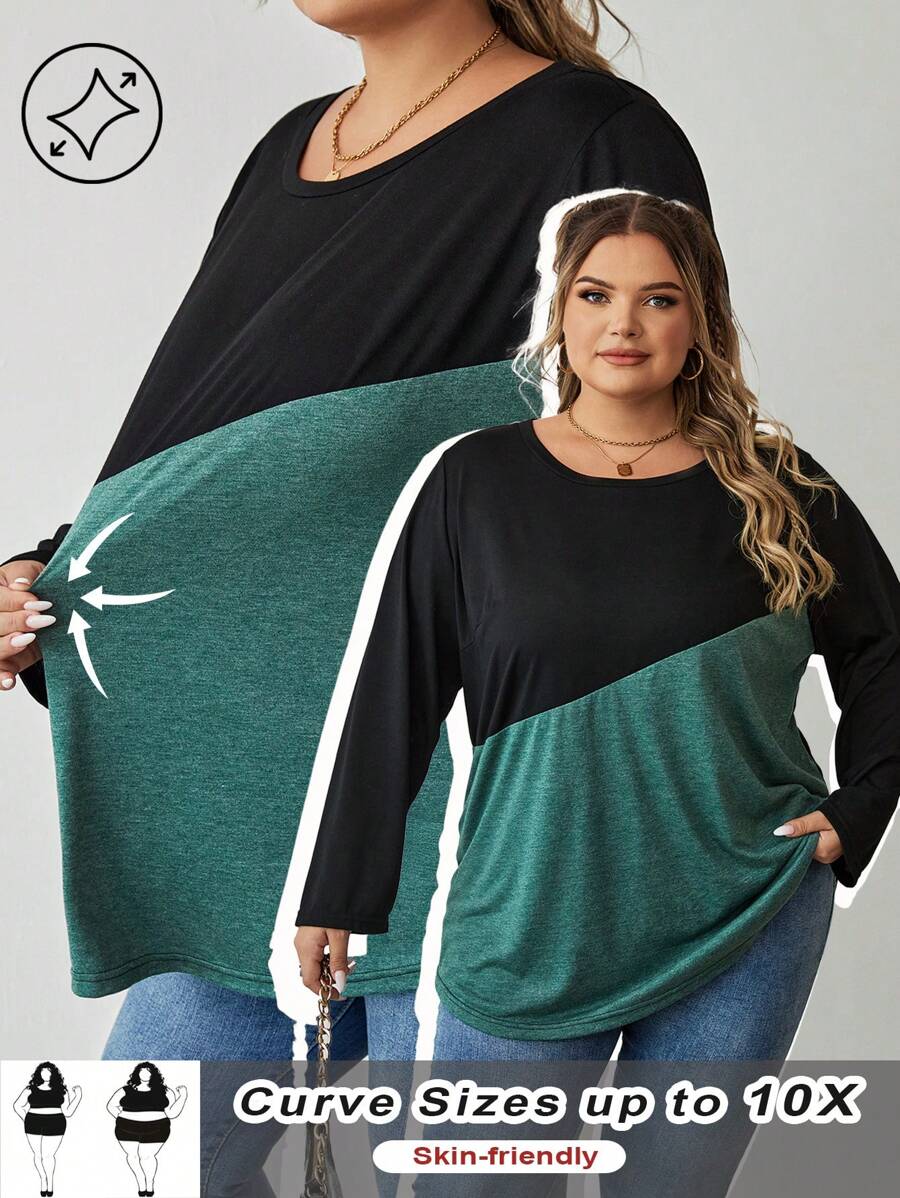 SHEIN CURVE+ Curve Plus Size Women Round Neck Contrast Color T-Shirt, Autumn - Multicolor - View 1