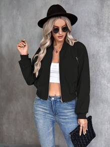 Chiquease Solid Color Zipper Closure Bomber Jacket Fall Winter Cloth For Women - Black - View 4