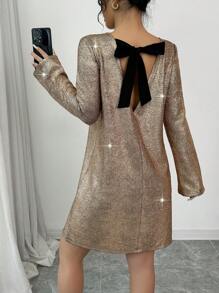 Lyxana 女士圆领长袖宽松性感闪亮亮片短款派对礼服新年节日聚会服装 - 金色 - 查看 6