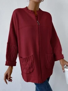 EURMUSE Casual Solid Color Batwing Sleeve Cardigan With Double Pockets, Autumn/Winter - Burgundy - View 4