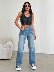 EURMUSE 低腰染色口袋装饰休闲百搭直筒牛仔裤 - 中等水洗藍 - 查看 4