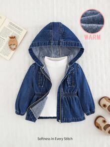 Cozy Pixies Áo khoác denim xanh dễ thương ấm áp có mũ trùm đầu dài tay bó eo cho bé gái, quần áo giữ nhiệt mùa thu/đông cho bé gái - Rửa trung bình - Xem 3