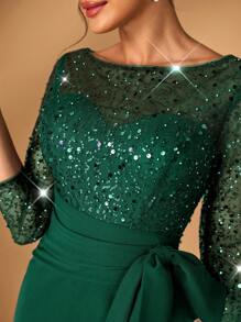 Serin Váy cưới dài đuôi cá quyến rũ thanh lịch, tay dài, đính cườm và sequin, cạp chun, thiết kế nơ xếp nếp, eo cao dành cho mẹ cô dâu - Màu xanh lá cây đậm - Xem 5