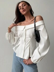 Aloruh Áo cánh tay đèn lồng trễ vai màu trơn thanh lịch màu trắng - trắng - Xem 6