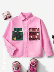 1件女童圣诞图案口袋长袖衬衫，适合圣诞外出、城市街头穿搭和日常穿着。 - 粉色 - 查看 2