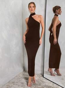 SHEIN BAE 女士秋冬派对露背不对称珍珠装饰修身长款晚礼服、舞会礼服