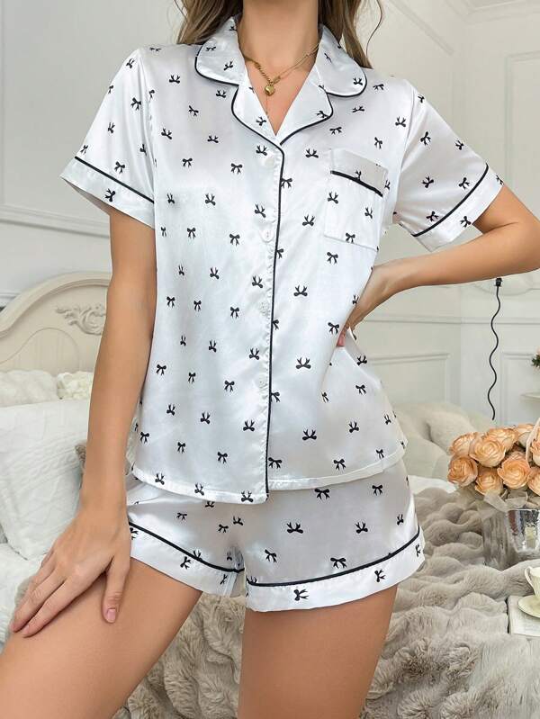Bow Print Lapel Short Sleeve Shorts Faux Silk Pajama Set