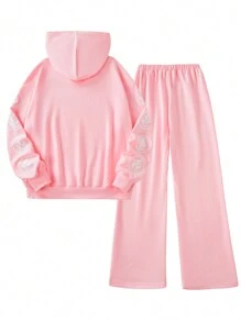 SHEIN 2 件套青少年女孩深色朋克风格图案印花连帽衫和裤子套装，休闲 - 粉色 - 查看 7