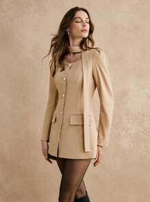 Poéselle 1 pieza Vestido elegante mini con cuello cuadrado, botones delanteros y mangas largas para mujer - Albaricoque - Ver 7