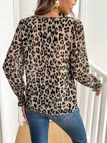 SHEIN Frenchy 1pc Women Casual Leopard Print Puff Sleeve Blouse, Autumn